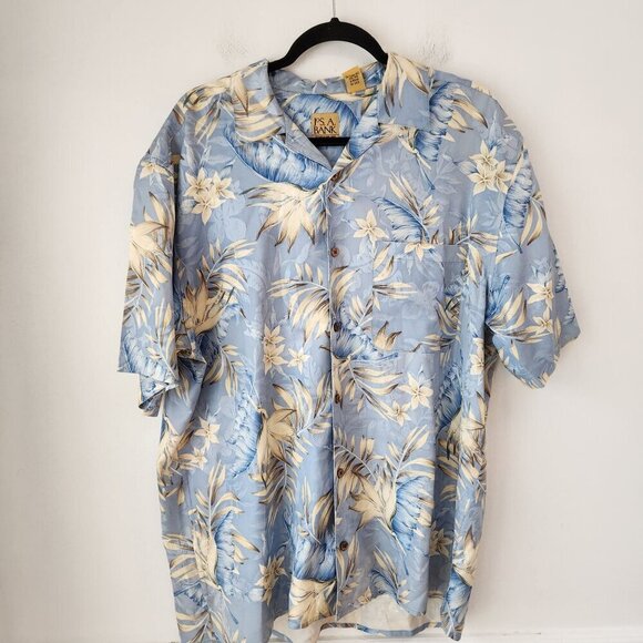 Jos A Bank 100% Silk Hawaiian Shirt Short Sleeves Blue Tropical Button Down L - Picture 1 of 6